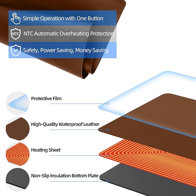 Heated Desk Pad Mouse Pad - Heated Desk Mat - Warm Desk Pad - 3 Levels Heating &amp 4 Hours Auto Shut-Off PU Leather Mouse Pad - 31.5 x 13 inch (Brown)