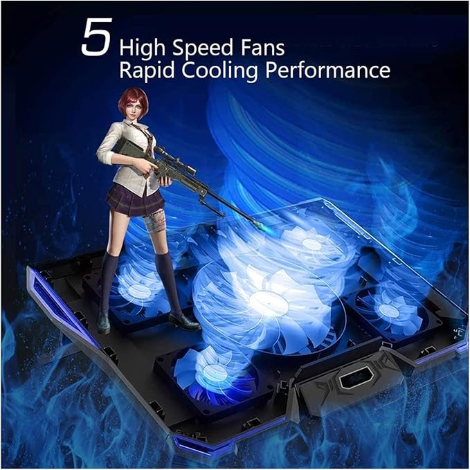 Laptop Cooling Pad LED Screen Gaming Laptop Cooler with 5 High-Speed Adjustable Fans 7 Heights Stand 2 USB Ports Compatible up to 17'' Laptop