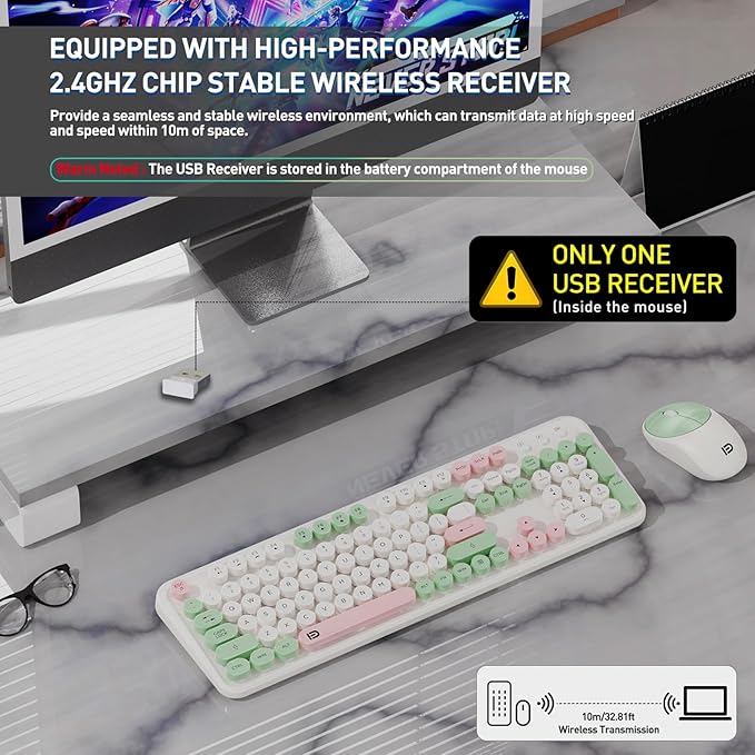 FOPETT 2.4GHz Wireless Keyboard and Mouse Set with Switch Button - Full-Size Keyboard - Compatible for Windows/Laptop/PC/Notebook/Smart TV and More - White Green