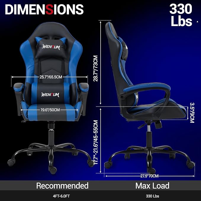Gaming Chair PU Leather Massage PC Video Game Chair with Lumbar Support for Men Women Home Office Height Adjustable Ergonomic High Back Blue