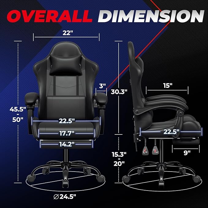 Auto Dynasty Ergonomic Gaming Chair High-Back Office Chair w/Adjustable Lumbar Support Linkage Armrest Headrest &amp Footrest 350LBS Recliner Swivel Computer Game Racing Chair Black