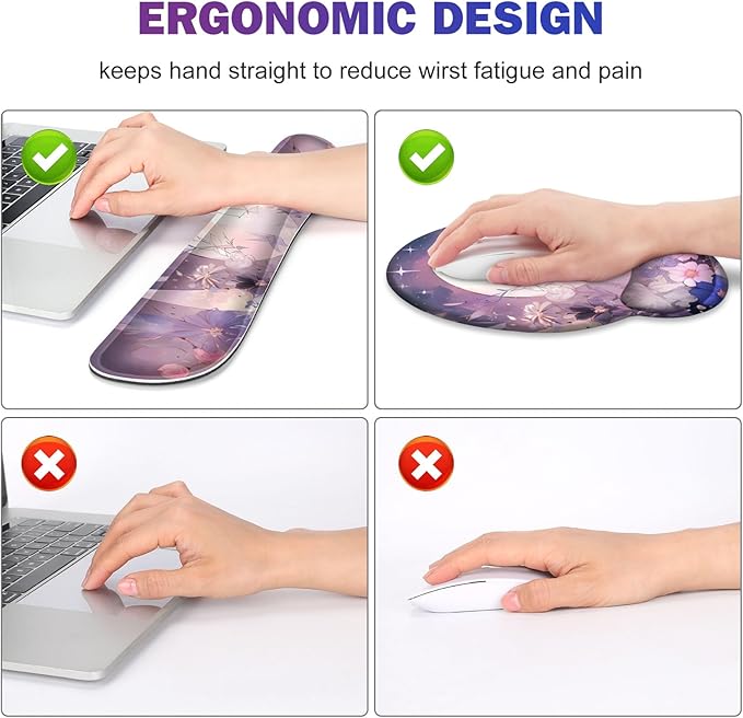 Large Desk Mat Gaming Mouse Pad Desk Pad Protector XXL Mousepad + Keyboard Wrist Rest+Mouse Wrist Rest+Coaster Set with Ergonomic Desk Pad for Home Office PC Computer Pastel Purple Flower Moon