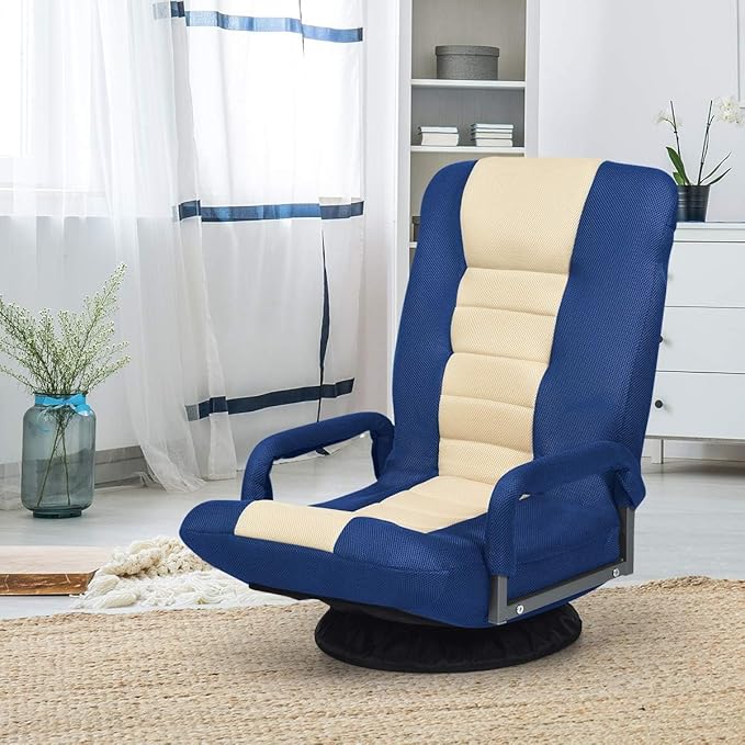 KOMFOTT Gaming Floor Chair 360° Swivel Chair with 6-Position Adjustable Backrest Armrest Lumbar Support Folding Lazy Sofa Chairs for Playing Video Games Reading Relaxing TV (Blue &amp Beige)