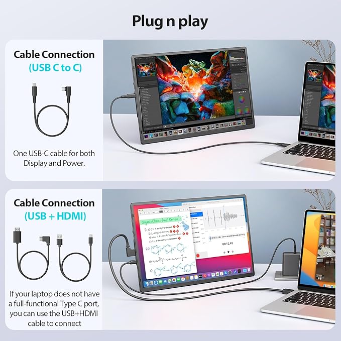 16.2'' Portable Monitor FHD 1200P USB-C/HDMI with Retractable Stand &amp Speakers Ultra-Slim Computer Display HDR Eye Care Laptop Screen Plug-Play External Monitor for MAC PC Phone PS4 Xbox