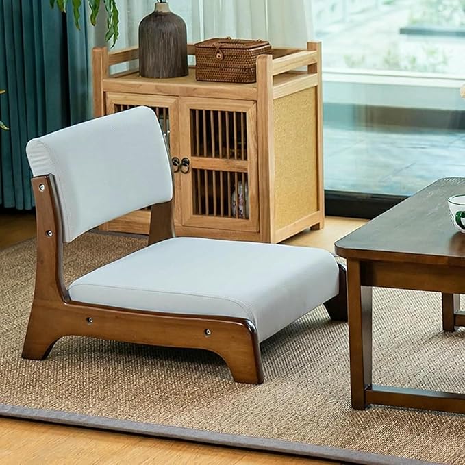ELEFOCUS Tatami Chair with Upholstery Comfortable Floor Seat for Meditation Living Room Bedroom Bay Window(Gray LeatherWalnut)