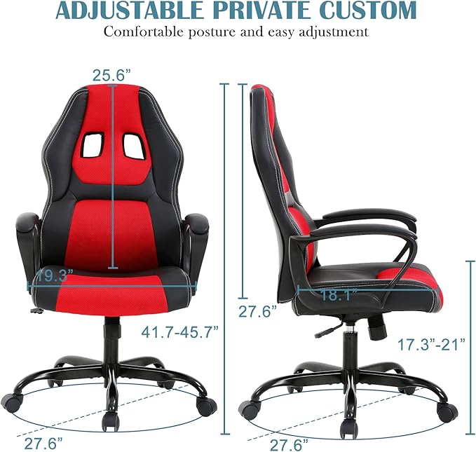 Computer Chair Ergonomic Desk Chair Racing Gaming Chair with Armrest &ampHeight Adjustable High Back Computer E-Sports Chair Task Swivel Executive Seat PU Leather Chair for Home Office (Red)