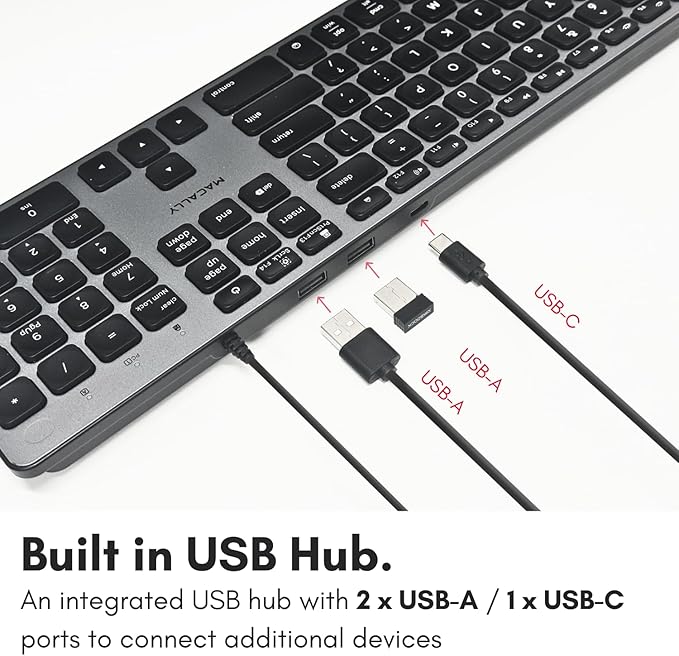 Macally Wired Keyboard for Mac with USB Hub (2X USB-A / 1x USB-C) - Compatible Backlit Apple Keyboard with Dual Interface - Auto OS Detection for Mac MacBook Pro/Air iMac PC Android iPad iOS