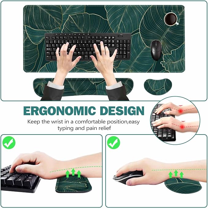 ToLuLu Extended Gaming Mouse Pad Memory Foam Ergonomic Keyboard Mouse Wrist Rest Support Set Large Desk Mat with Stitched Edges Non-Slip Base Mousepad for Home Office Game Green Golden Leaves