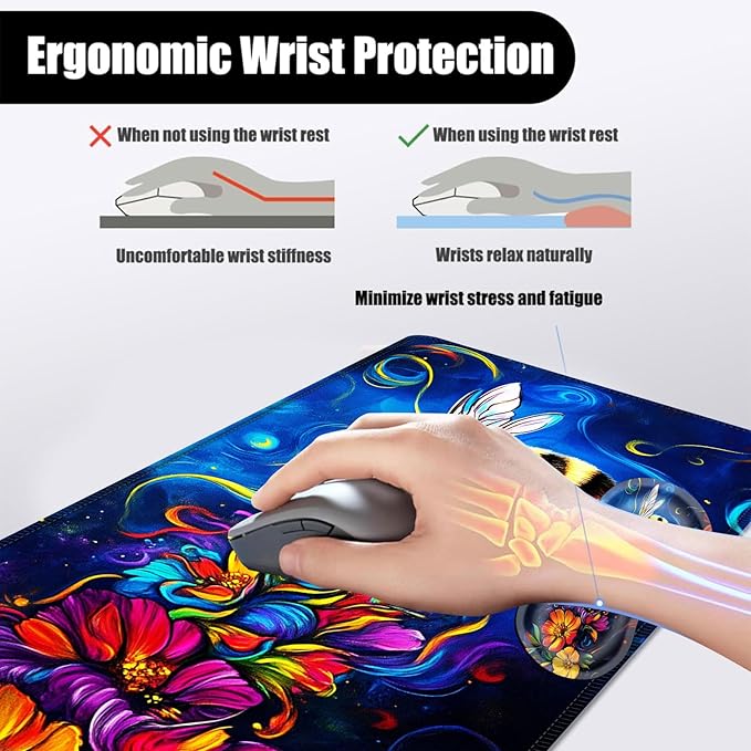Mouse PadLarge Desk Mat Set 4in1 XL Mousepad + Keyboard Wrist Rest+Mouse Wrist Rest+Coaster with Ergonomic Desk Pad for Home Office Table Computer Cover -Bee and Vibrant Flowers