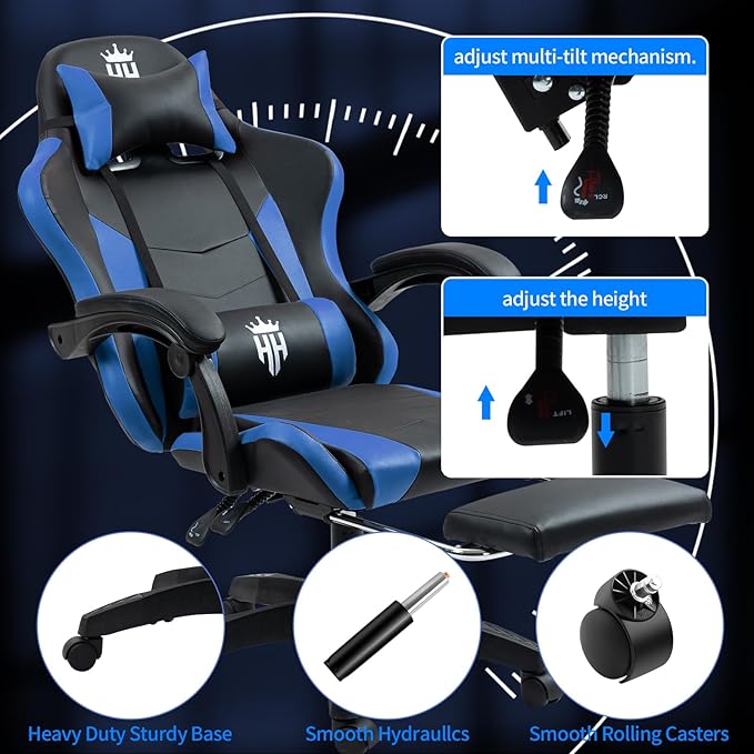 Gaming Chair with Footrest Ergonomic Computer Chair for Adult Adjustable Headrest Lumbar Pillow Large Size Reclining Gaming Chair Big and Tall with Linkage Armrest for Home Office Gaming (Blue)