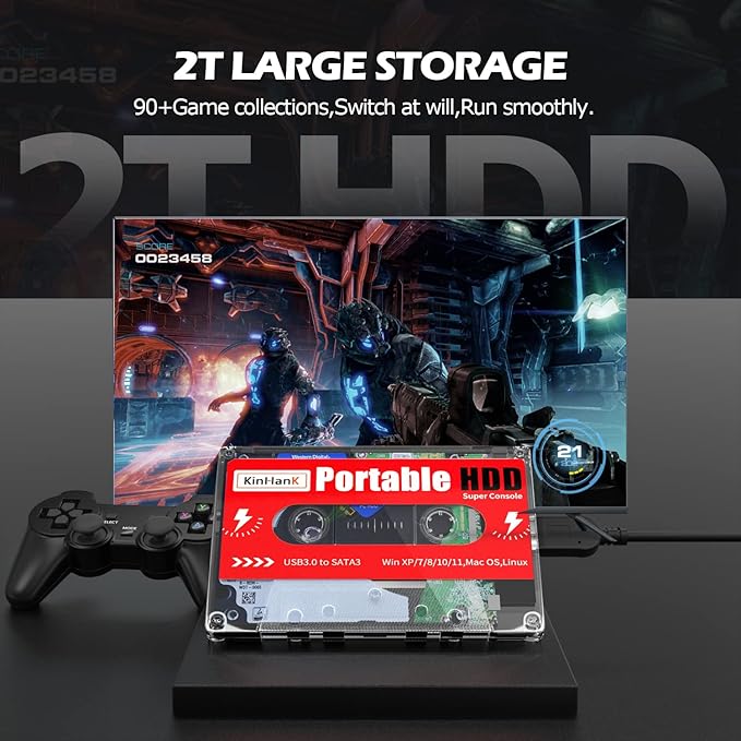 Kinhank 2T HDD Portable External Game Hard Drive Built-in 120000+ Games Batocera 33 System Compatible with 70+ Classic Emulators Support for Windows/Laptop/PC/Mac 2 Wireless Controllers