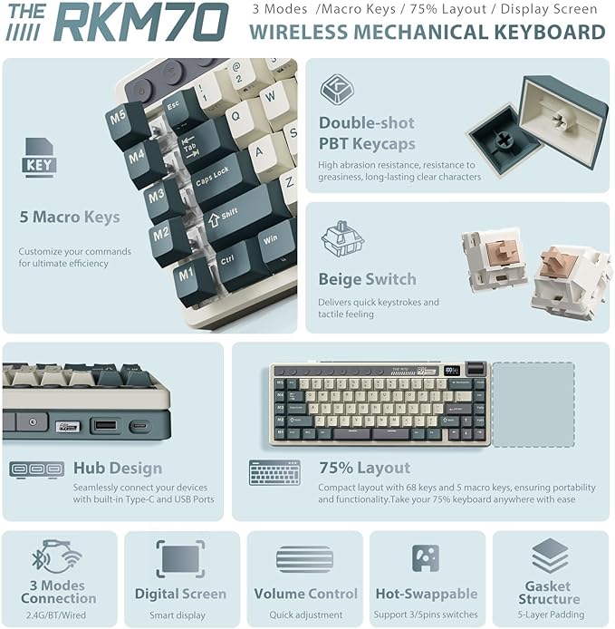 RK ROYAL KLUDGE M70 Wireless Mechanical Keyboard with Macro Keys 2.4GHz/Bluetooth/Wired 75% Gaming Keyboard with 6000mAh Battery Gasket-Mount Display &amp Knob RGB Hot-Swappable Soft Tactile Beige Sw
