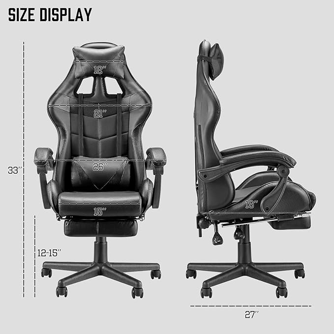 Huracan Gaming Computer Chair with Footrest Adjustable Video Game Chairs for Adults Heavy Duty Office Chair with Headrest and Lumbar Support Black