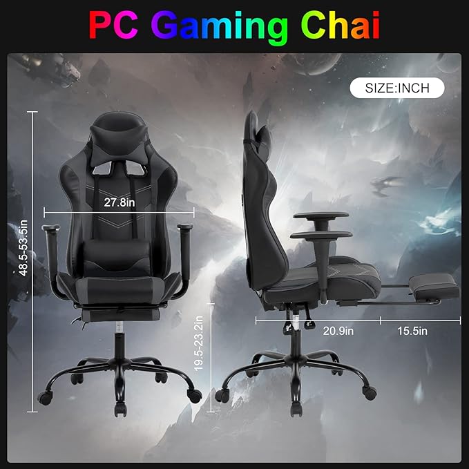 Gaming Chair Computer Chair Ergonomic Gaming Chair with Footrest Reclining High Back Video Game Chair with Lumbar Support Headrest Armrest Swivel Seat for Women Men (Grey)