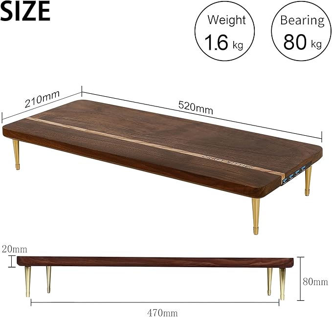 Monitor Stand Wood Riser with 4 USB Ports Computer Monitor Stand with America Walnut Data Transfer Charging Hub -Compatible with Computer Mac PCs Smartphone 20.5*8.3in