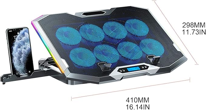 Gaming Laptop Cooling Pad 8 Fans Quiet Radiator Notebook Bracket Adjustable Phone Stand for Laptop 12-18inch