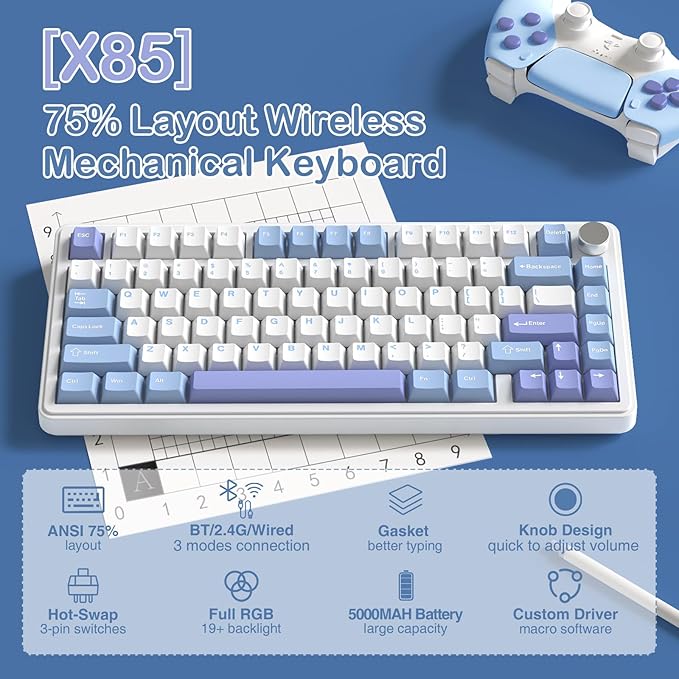 ATTACK SHARK X85 Wireless Gaming Keyboard with Knob Hot Swappable 75% Mechanical Keyboard Bluetooth/2.4GHz/USB-C PBT Keycaps Gasket RGB Coiled Cable Linear White Jade Switch Custom for Win/PC/MAC
