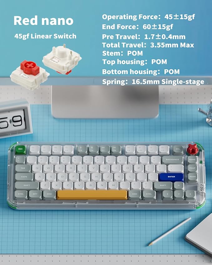 nuphy Kick75 Wireless Low Profile Mechanical Keyboard with Volume Knob75% Hot Swappable Gaming Keyboard80 Keys RGB Backlit with PBT Keycaps Support BT/2.4G/USB-C (Red Nano Switch)