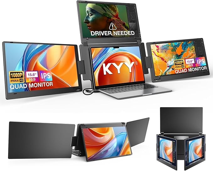 Triple Screen Laptop Monitor Extender Quad Monitor 15.6” FHD 1080P Portable Triple Monitors 1 USB-C Connection for 4 Screens Integrated Aluminum Alloy Auto Rotation Top Display for 12–17.3” Laptop