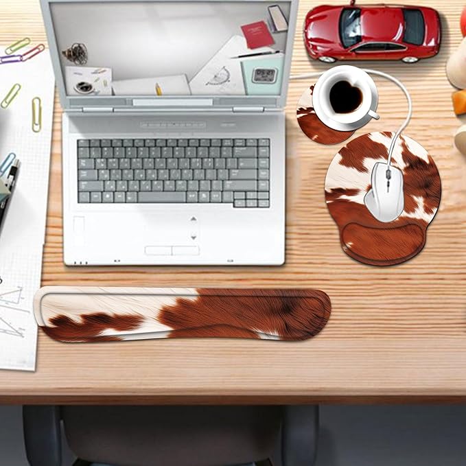 Keyboard Wrist Rest and Mouse Pad Wrist Support Set with CoasterComfortable for Easy TypingPain ReliefMemory Foam Keyboard Pad Set for Laptop MacCowhide Farm Animal Skin Leopard Brown Cow