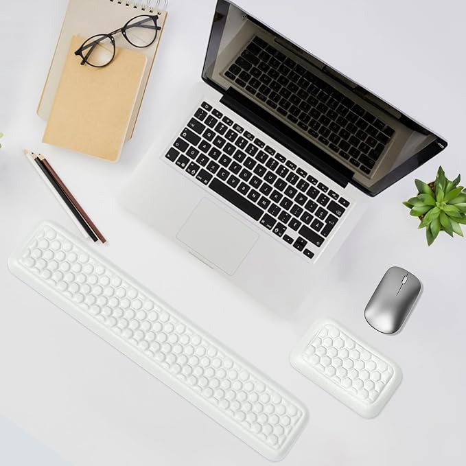 Leather Wrist Rest for Keyboard and Mouse Comfort Memory Foam Wrist Rest with Non-Slip PU Base Ergonomic Keyboard Wrist Support for Typing Pain Relief Protect Hand and Arm (White)