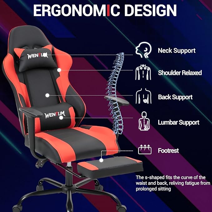 Gaming Chair Video Game Chair with Footrest Massage Computer Chair with PU LeatherLumbar Support for Men Women Home Office Height Adjustale Ernogomic Gaming Chair High Back Red