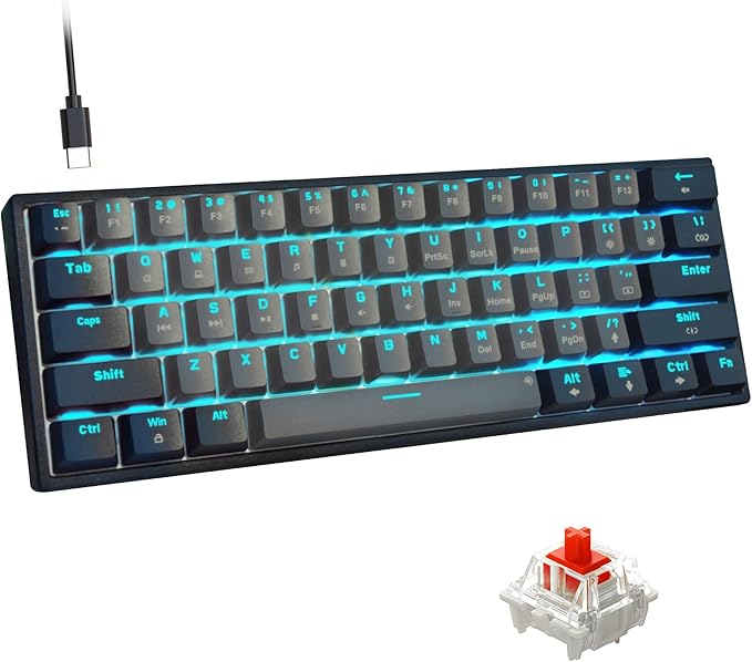 Snpurdiri 60% Wired Mechanical Gaming Keyboard Ice Blue LED Backlit 61 Keys Mini Wired Office Keyboard for Windows Laptop PC Mac (Black-Grey Red Switches)