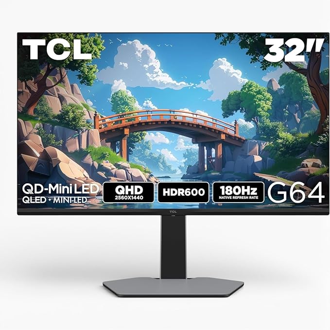 TCL 32 G64 Series QHD HDR QD-Mini LED 2560x1440 180Hz 1ms GTG AMD FreeSync Built-in Stereo Speakers Adjustable Stand Gaming Monitor Black &amp Gray 32G64 (Renewed)