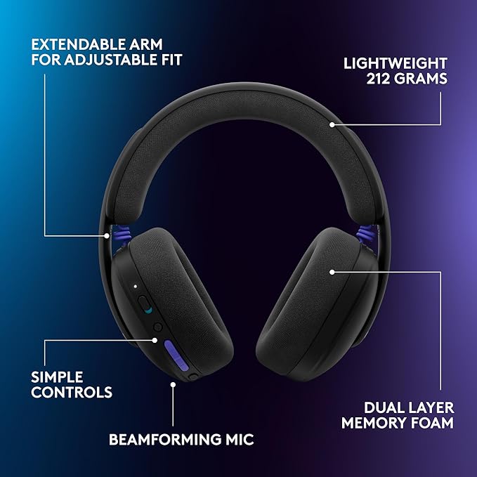 Logitech G325 Lightspeed Wireless Bluetooth Gaming Headset All-Day Comfort Built-in Mic with Noise Reduction 24-Bit Audio 24+ Hr Battery Life for PC PlayStation Switch Mobile – Black