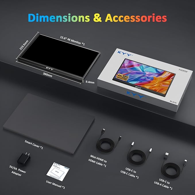 KYY 4K Portable Monitor for Laptop 15.6'' Computer Screen Extender UHD 3840x2160100% sRGB 400 Nits IPS Travel Monitor w/Speakers &amp Smart Cover for Laptop Xbox PS5 Switch PC Phone VESA Compati