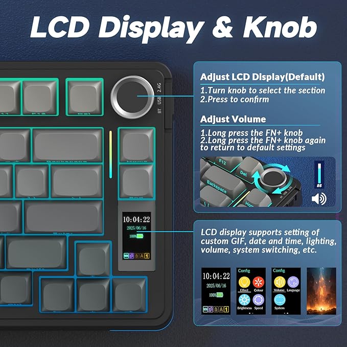 AULA S75 PRO Wireless Mechanical Keyboard with Screen&ampKnob Tri-Mode Hot Swappable Gaming Keyboard 75% Pre-lubed Switches RGB Backlit Side Printed PBT Keycaps Creamy Sounding Computer Keyboard