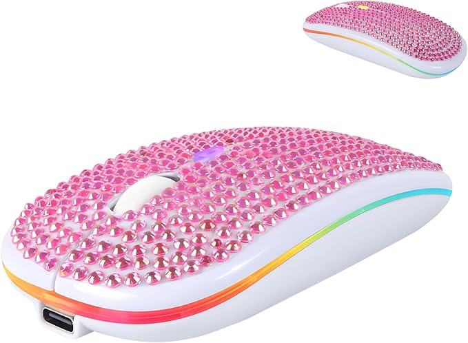 Wireless Mouse Bluetooth Cute Pink Bling Crystal Rhinestone Computer Mice with LED Light 2.4GHz &amp Bluetooth Dual Mode Rechargeable Silent USB Cordless Mouse for Laptop PC Tablet Phone Kids Adults