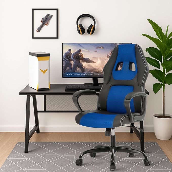 Gaming Chair PU Leather Chairs Ergonomic Office Chair Executive Computer Chairs High Back Computer Task with Lumbar Support Adjustable Height Blue