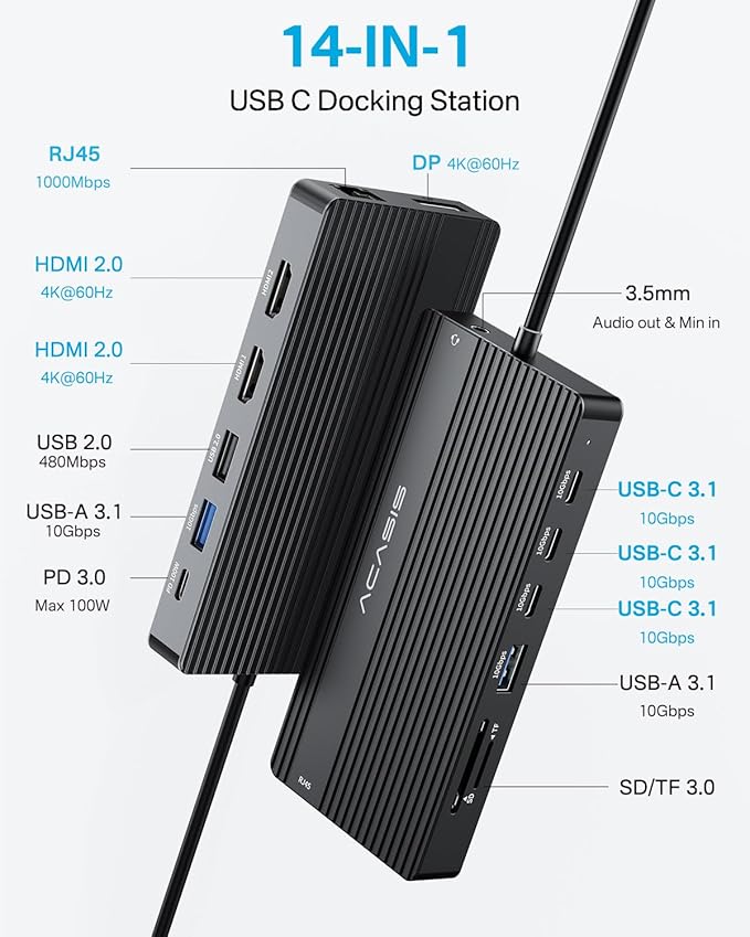 USB C Docking Station Dual Monitor 14 in 1 USB C Hub Adapter with 2 HDMI+DP(4K60Hz) Ethernet 3 USBC 10G100W PD SD/TF Audio Laptop Docking Station for Dell/HP/Lenovo/ThinkPad/Surface (Black)