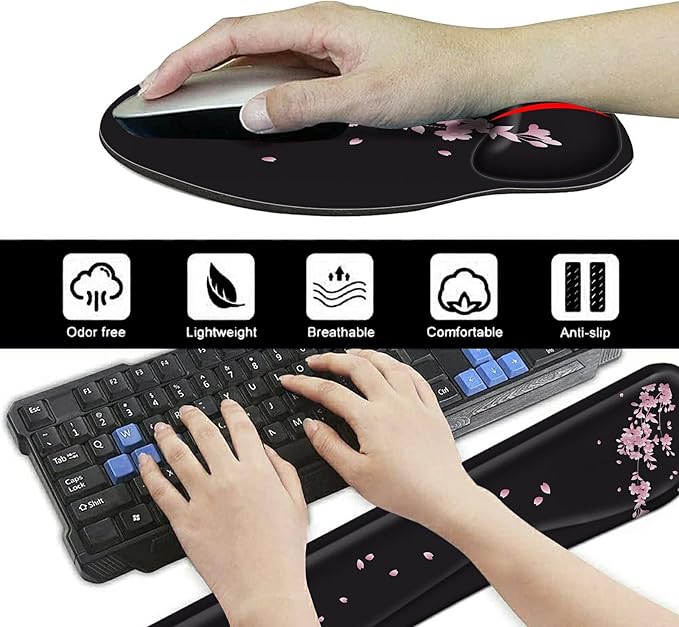 Wrist Rests for Keyboard and Mouse Support Gel Pad + Screen Cleaning Pad + Coaster Cloth Wipes for Laptop/Computer Screen Ergonomic Memory Foam Mousepad for Gaming/Work Cherry Blossoms