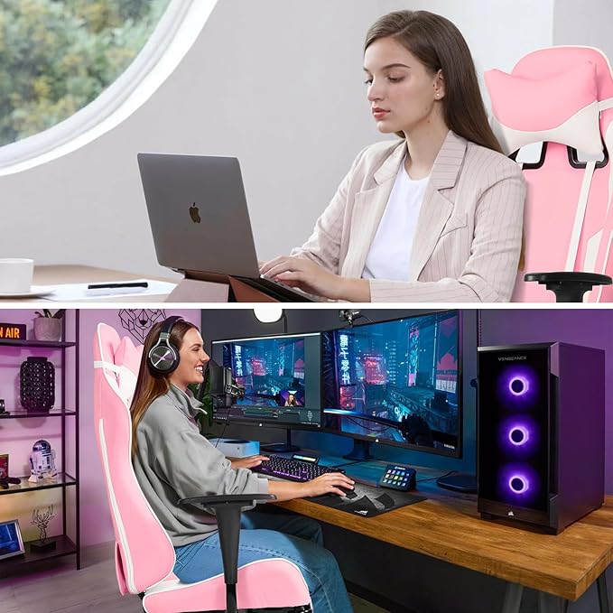 Gaming Chair Ergonomic Office Chairs PU Leather High-Back Computer Chair with Footstool and Lumbar Support360°Swivel Game Chairs with Headrest for Office &amp GamingBlack (Pink)
