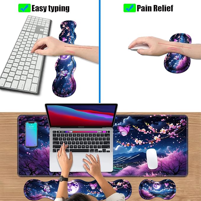 4 in 1 Ergonomic Keyboard Wrist Rest &amp Mouse Pad Wrist Rest Set Large XXL Gaming Desk Mat 31.5x 11.8 with Non-Slip Base Memory Foam for Home Office Study Gaming Moon Cherry Blossom Butterfly