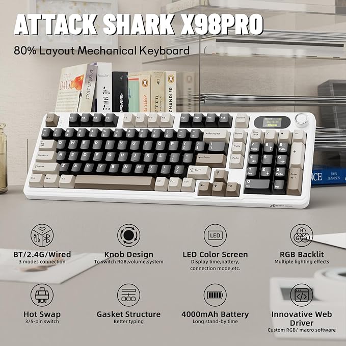ATTACK SHARK X98PRO Wireless Mechanical KeyboardMulti-Function Knob&ampTFT ScreenTri-Mode BT/2.4GHz/USB-C KeyboardHot-Swappable RGB Backlit4000mAh 98 KeysCloud Drivefor Win/Mac/Linux-Creamy Whi