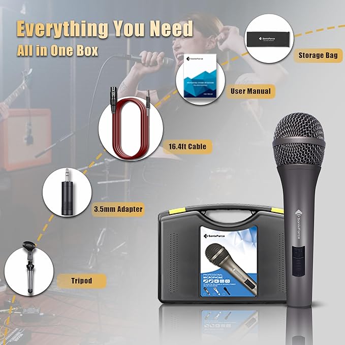 Professional Dynamic Microphone for Singing Karaoke Microphone with 16ft XLR to 1/4'' Audio Cable Vocal Handheld Mic for Podcast Mixer Amplifier PA System