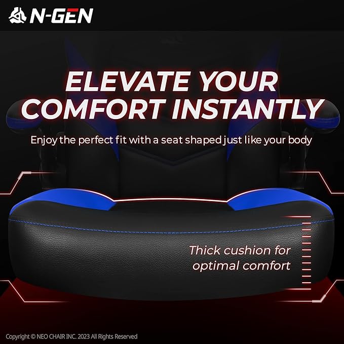N-GEN Video Gaming Chair Ergonomic Computer Desk Office Chair with Lumbar Support Adjustable Height Swivel Wheels Flip-Up Arms PU Leather Home and Office (Blue)