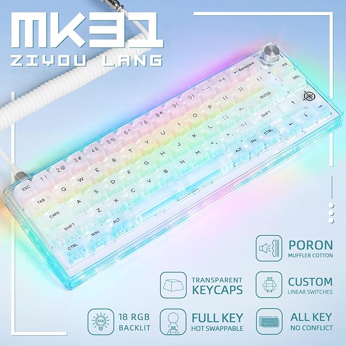 65% Hot-Swap Wired Mechanical Gaming Keyboard Programmable with Transparent 66 Key Full Side RGB OWERTY Linear Ice White Switch Custom Coiled C to A Cable Media Knob 2-IN-1 Case for WIN/PC/MAC(White)