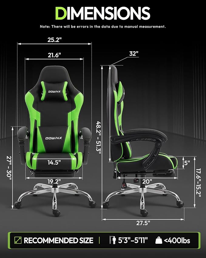 Dowinx Ergonomic Gaming Chair with Footrest &amp Massage Lumbar 2D-Linkage Armrests for Computer Chair 330lbs with Headrest Pillow for Office Home Streaming and Long Gaming Sessions Green