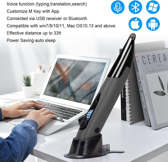 lychee Wireless Optical Pocket Pen Mouse 2.4GHZ USB Wireless Optical Handwriting Mini Air Pen Mouse Mice for PC Laptop Notebook Computer Mac (Voice&ampBluetooth Grey1)