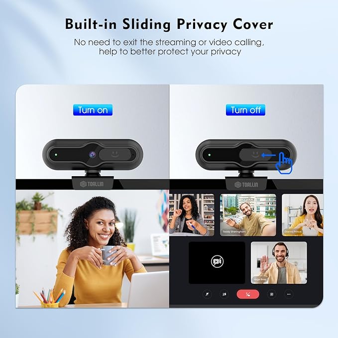 TOALLIN 4K Webcam for PC 1080P@60FPS PDAF Autofocus 1/2.5 Sensor &amp 12MP Built-in Mic and Sliding Privacy Cover USB Web Camera for Gaming Conferencing Streaming and Video Calls
