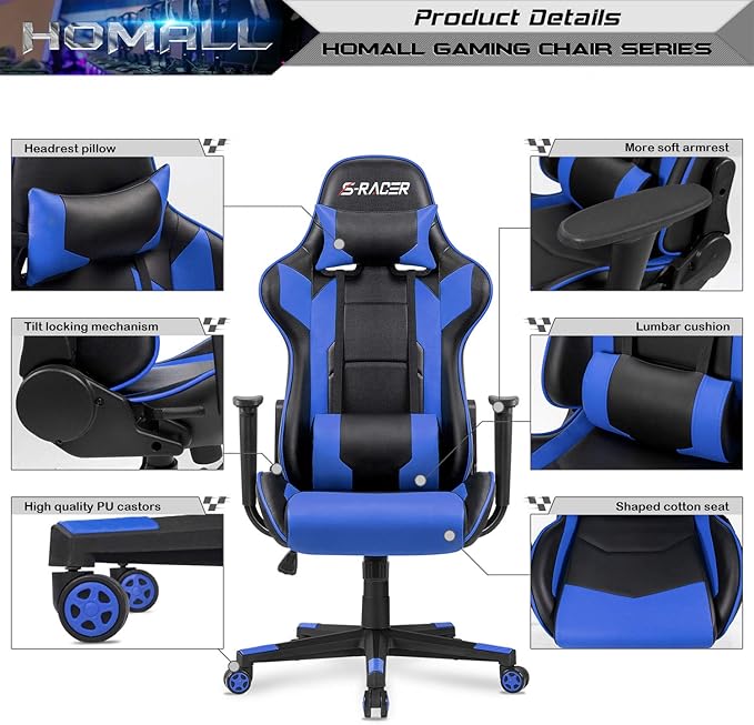 Homall Gaming Chair Office Chair High Back Computer Chair Leather Desk Chair Racing Executive Ergonomic Adjustable Swivel Task Chair with Headrest and Lumbar Support(Blue)