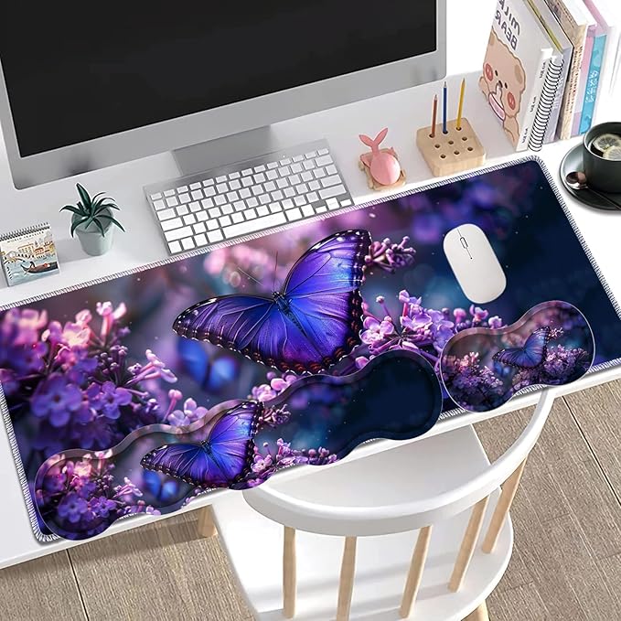 Large Gaming Mouse Pad + Keyboard Wrist Rest + Wrist Support + Coaster Set Memory Foam Ergonomic for Easy Typing XXL Extended Gaming Mouse Pad Table Pad - Purple Butterfly