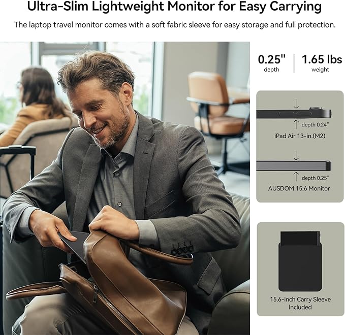 AUSDOM 15.6 Portable Laptop Monitor: FHD 1080P 15.6 inch Portable Second Screen External Travel Monitor HDMI USB-C Powered Extra Mobile Computer Secondary Display Additional for Laptop MacBook