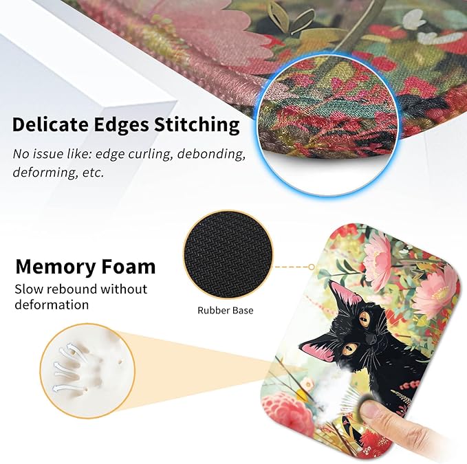 Mouse Pad Desk Mat Ergonomic Wrist Support Pad SetMouse Wrist Rest Keyboard Pad with Stitched Edges and Non Slip Base-Black Cat Pink Flowers Cartoon