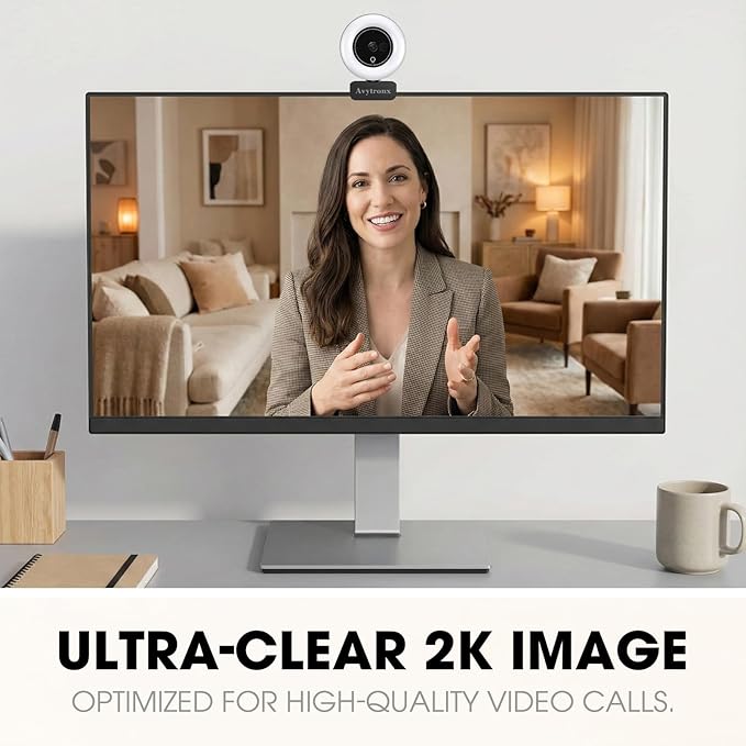 2K Webcam for PC with Microphone &amp Built-in Light USB Computer Camera for PC/Laptop/Mac/Monitor Streaming Webcam with Privacy Cover for Zoom/Skype/Teams/Video Calling/Conference/Online Classes