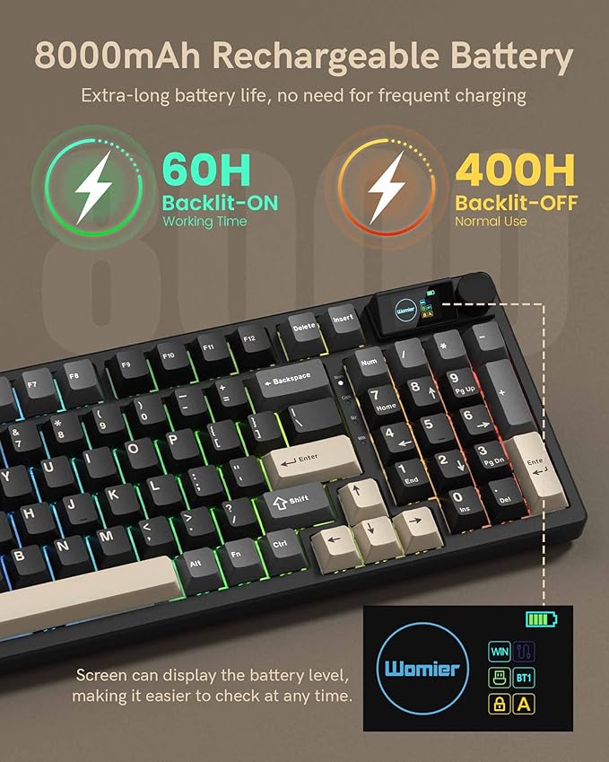 Keymatic M98 Wireless Mechanical Keyboard w/Screen &amp Knob 96% Gaming Keyboard BT/2.4G/USB-C Hot Swappable Custom Gaming Creamy Keyboardwith 8000mAh Battery